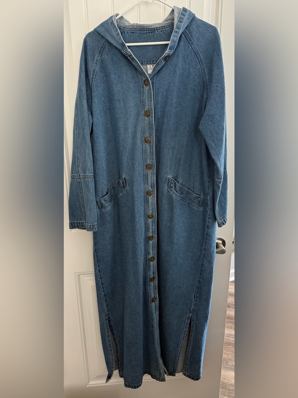 CMC Denim Button-Front Maxi Dress - Blue LONG SLEEVES WITH HOODIE Lagenlook USA